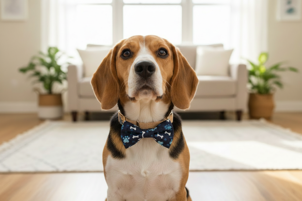 Beagle Wearing Navy Paw Print Bow Tie