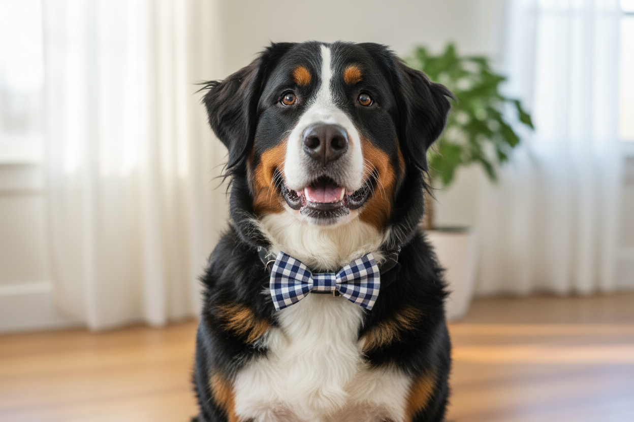 Bernese Mountain Dog Wearing Navy Gingham Bow Tie