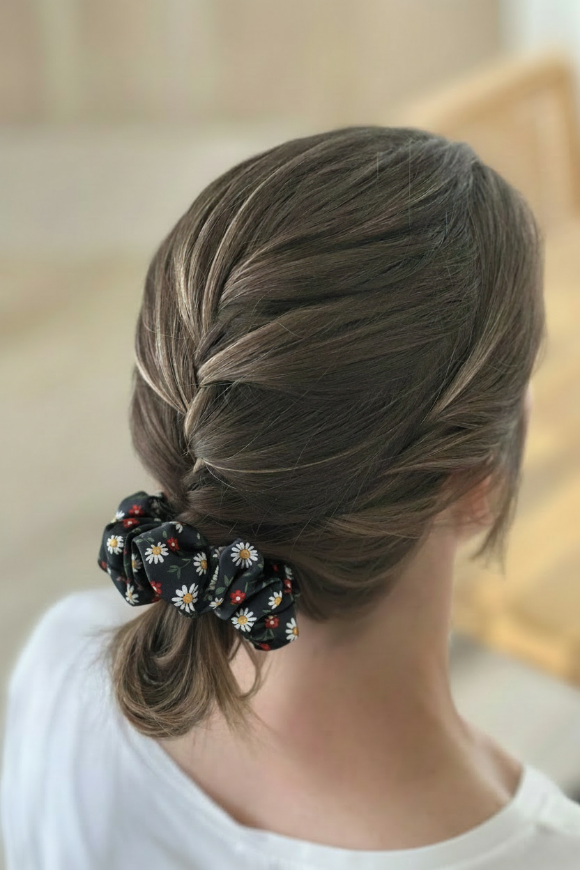Black floral scrunchie in hair updo