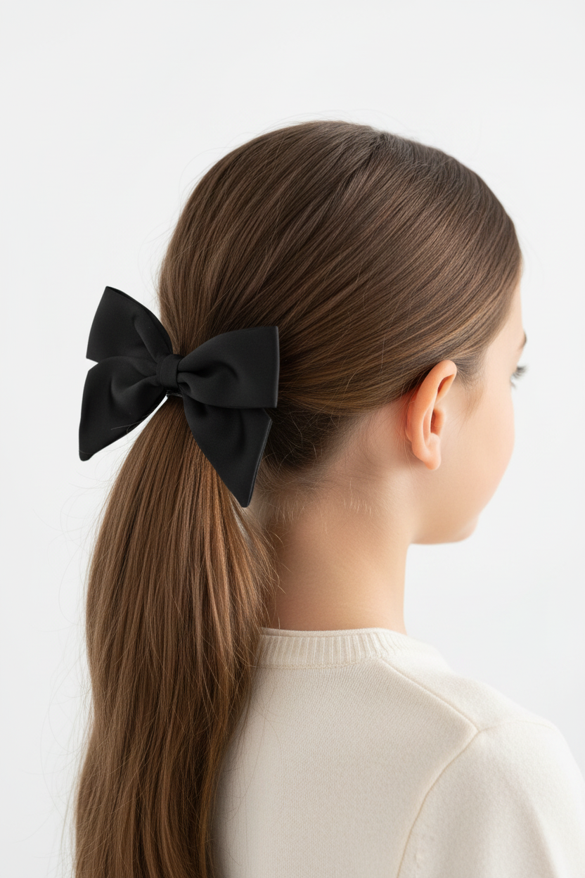 Black Satin Bow - Natural Sheen Young Girl Ponytail