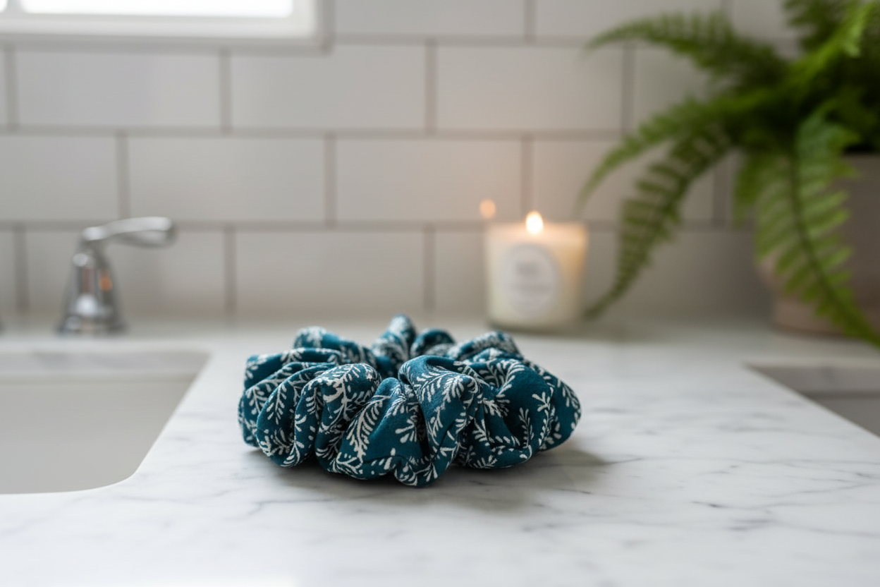 Blue Leaves Scrunchie Bathroom Lifestyle