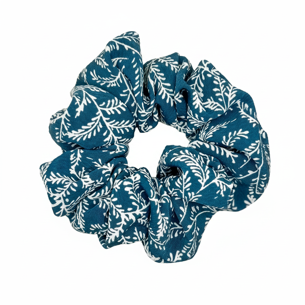 Blue Leaves Scrunchie - White Background
