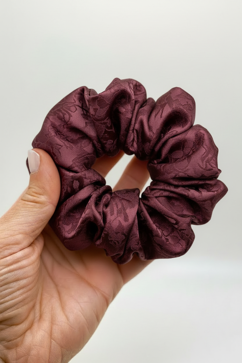 Burgundy Floral Scrunchie in Hand