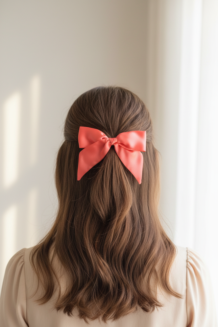 Coral Satin Bow - Half Up Half Down Model Shot