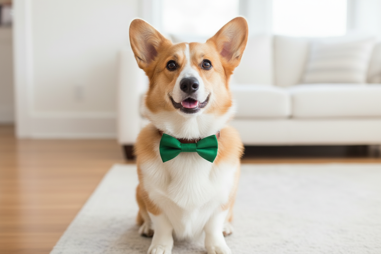 Corgi Wearing Green Bow Tie