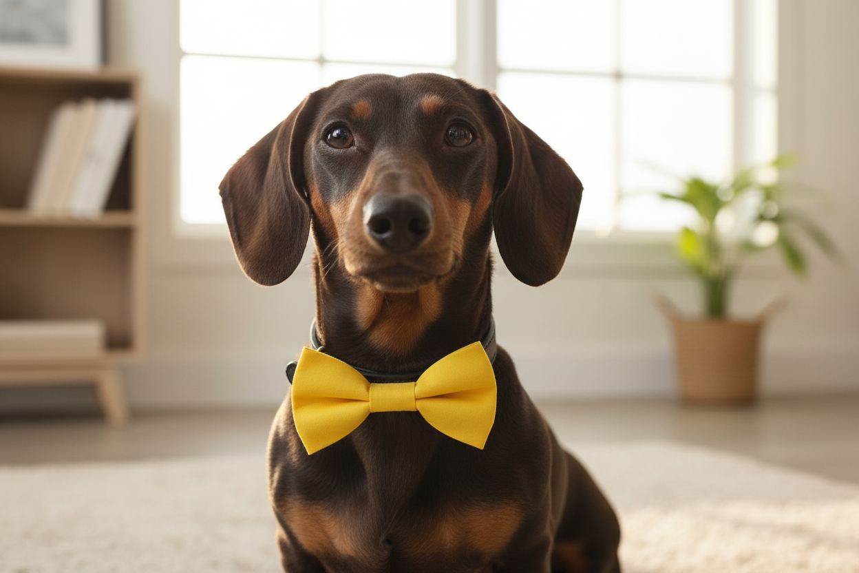 Dark Coated Dog Wearing Yellow Bow Tie