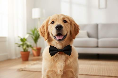 Dog Model Wearing Black Bow Tie