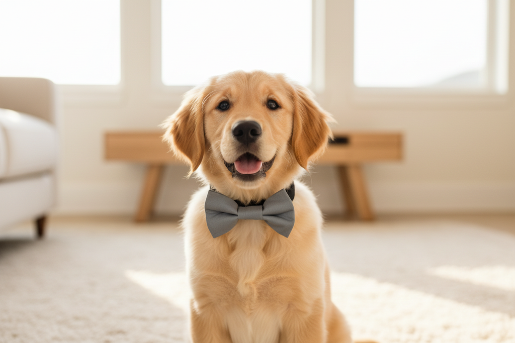 Dog Model Wearing Gray Bow Tie