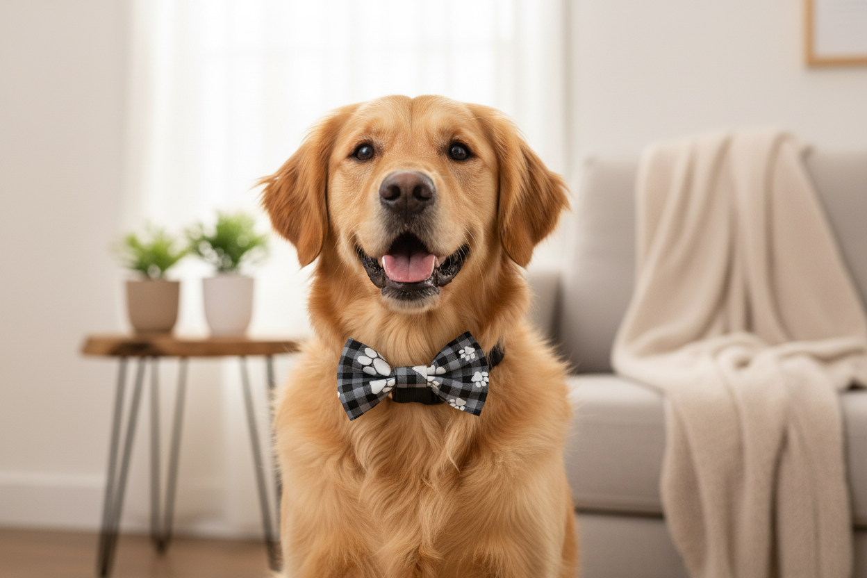 Dog Model Wearing Gray Buffalo Plaid Paw Print Bow Tie