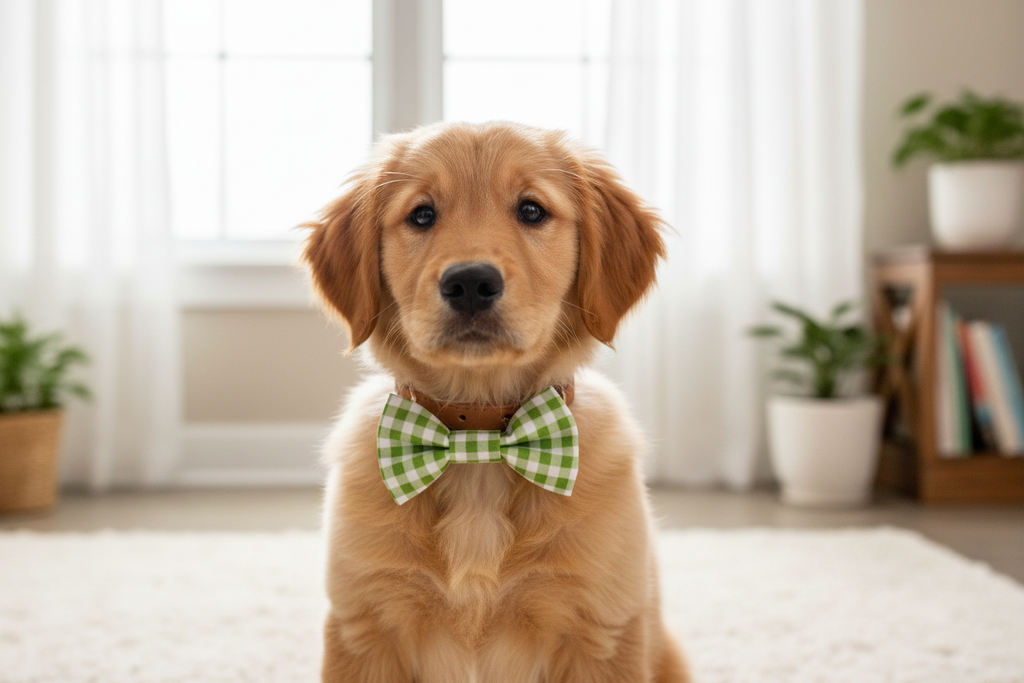 Dog Model Wearing Green Gingham Bow Tie