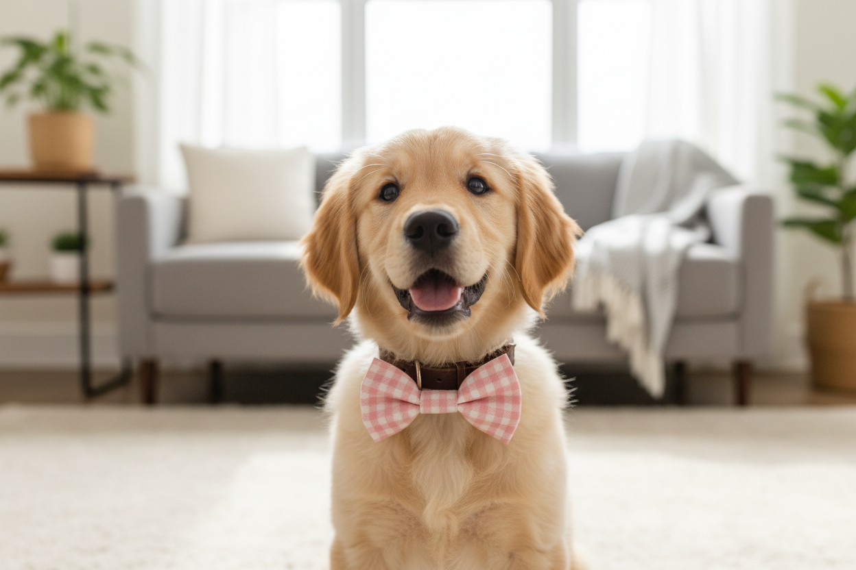 Dog Model Wearing Pink Gingham Bow Tie