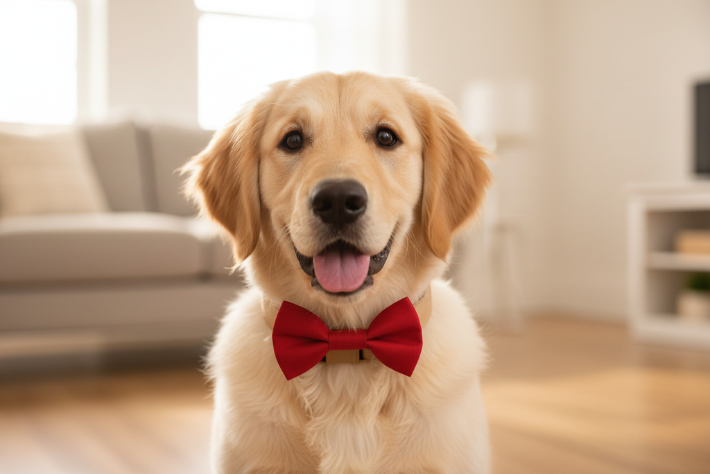Dog Model Wearing Red Bow Tie