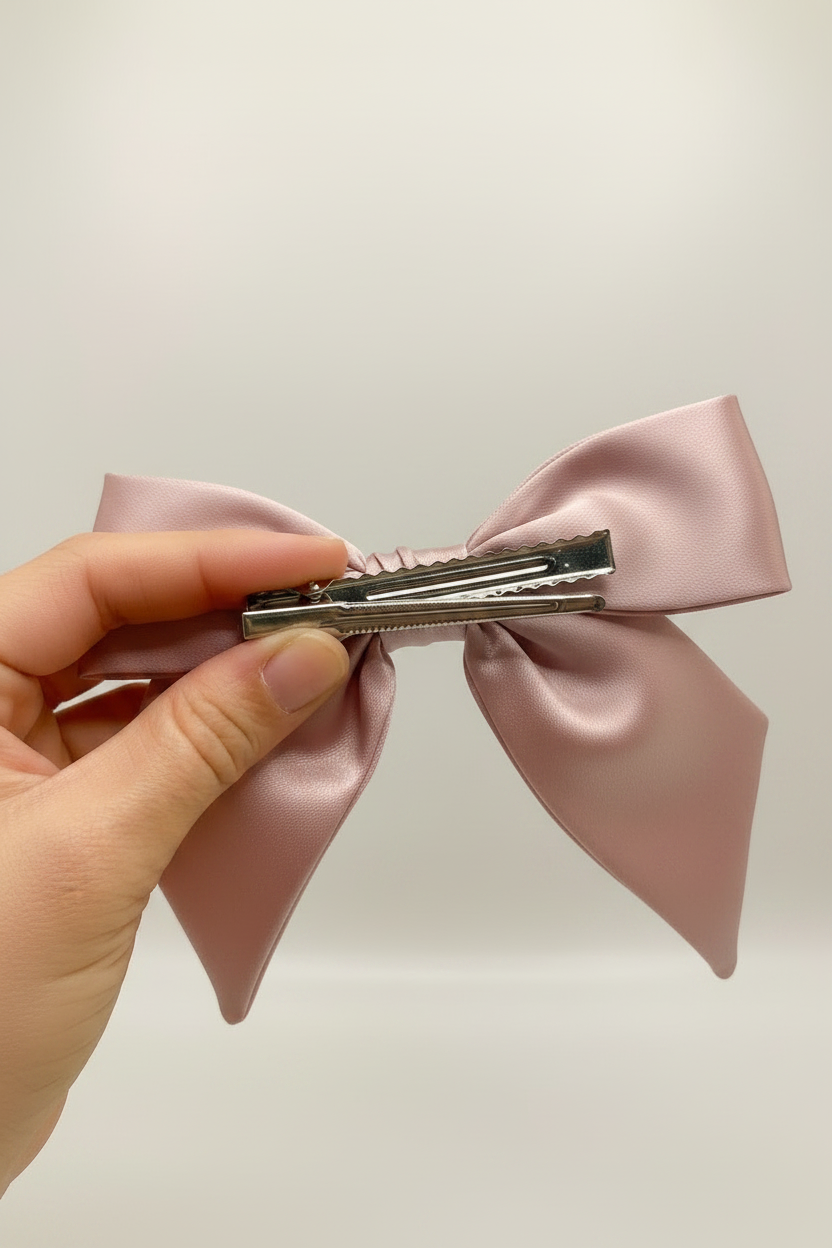 Dusty Rose Pink Satin Bow - Hand with Alligator Clip