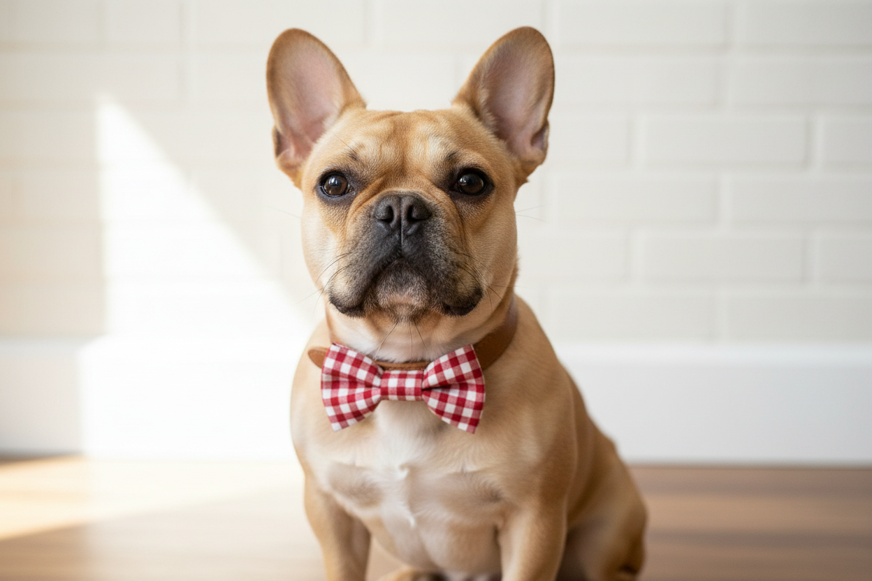 French Bulldog Wearing Red Gingham Bow Tie
