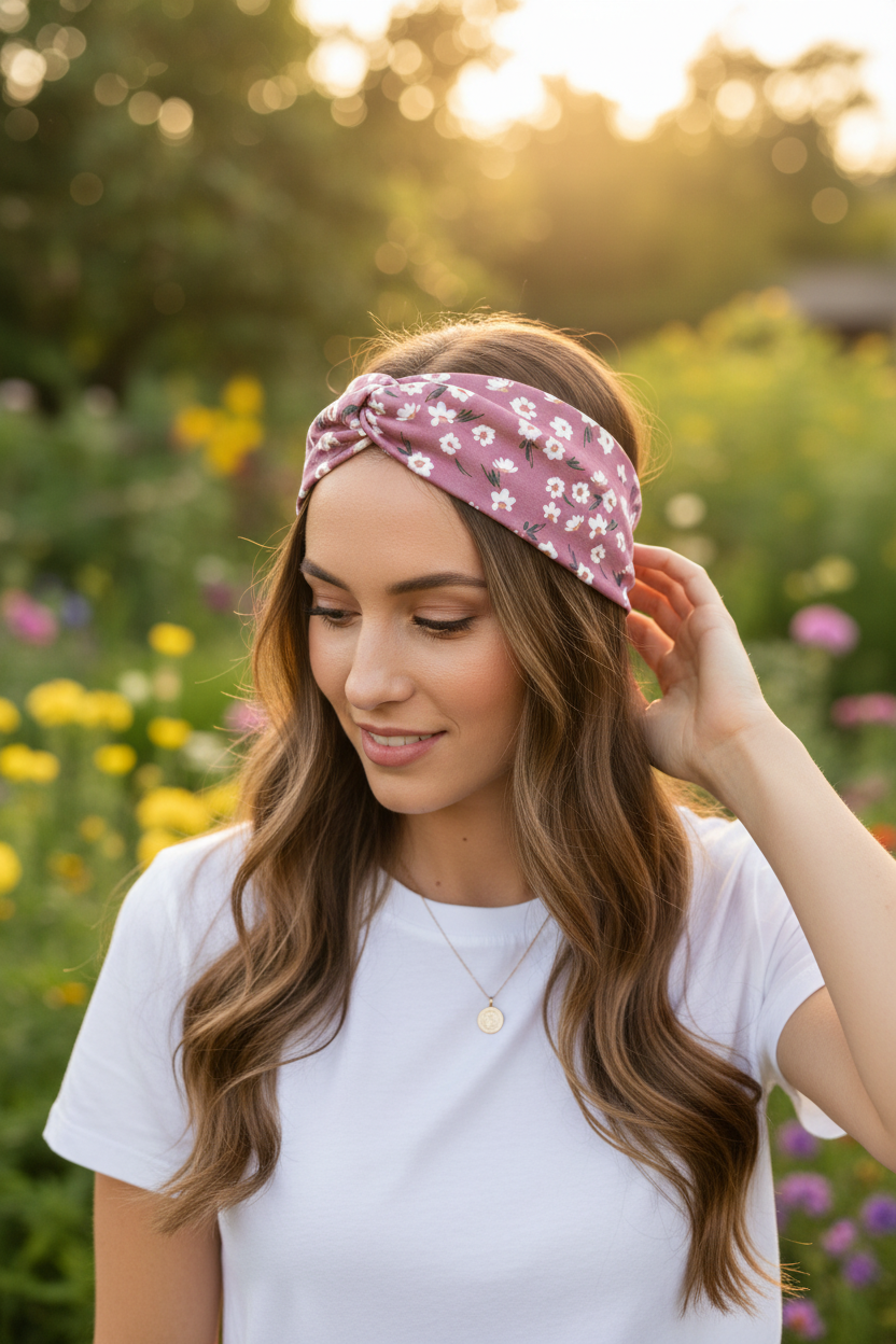 Fuchsia Flower Headband Lifestyle Shot