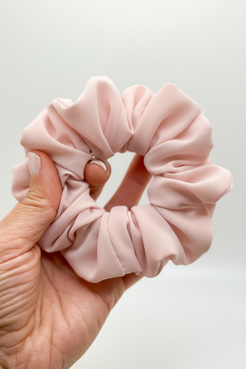 Hand holding blush pink chiffon scrunchie