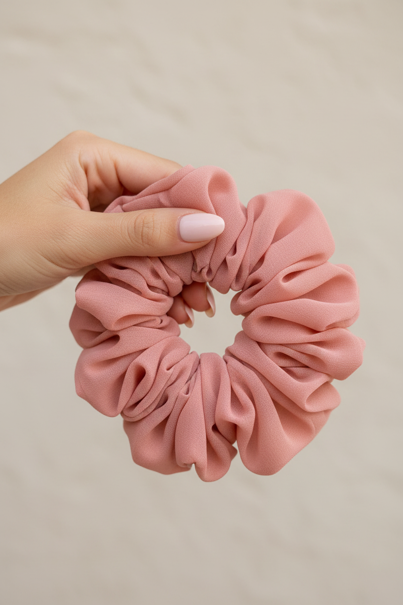 Hand Holding Dusty Rose Scrunchie