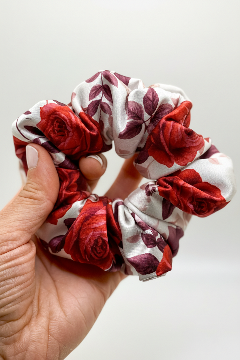 Hand holding floral scrunchie