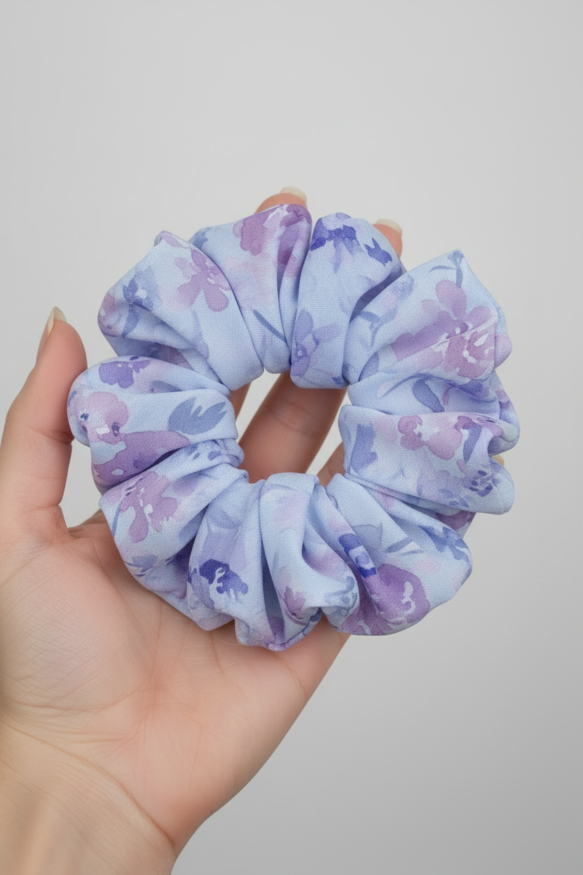 Hand holding light blue lavender floral scrunchie