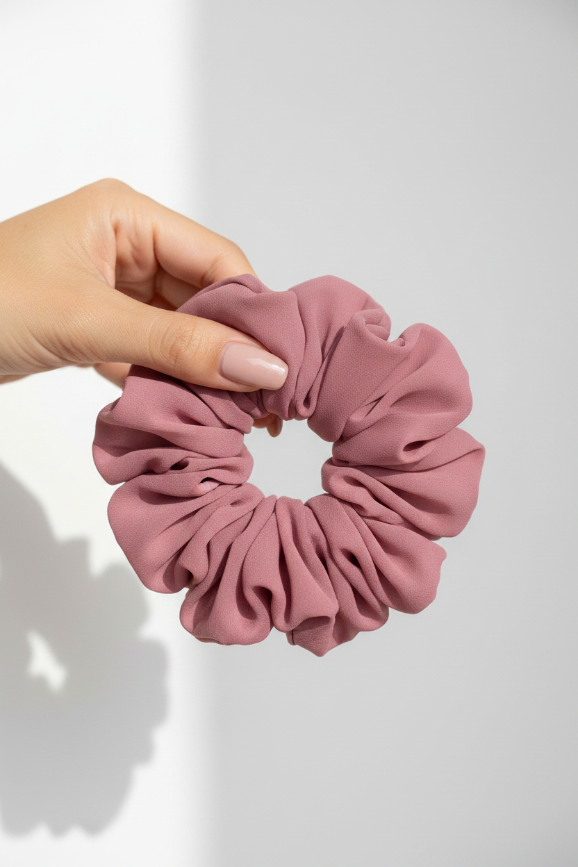 Hand Holding Mauve Pink Scrunchie