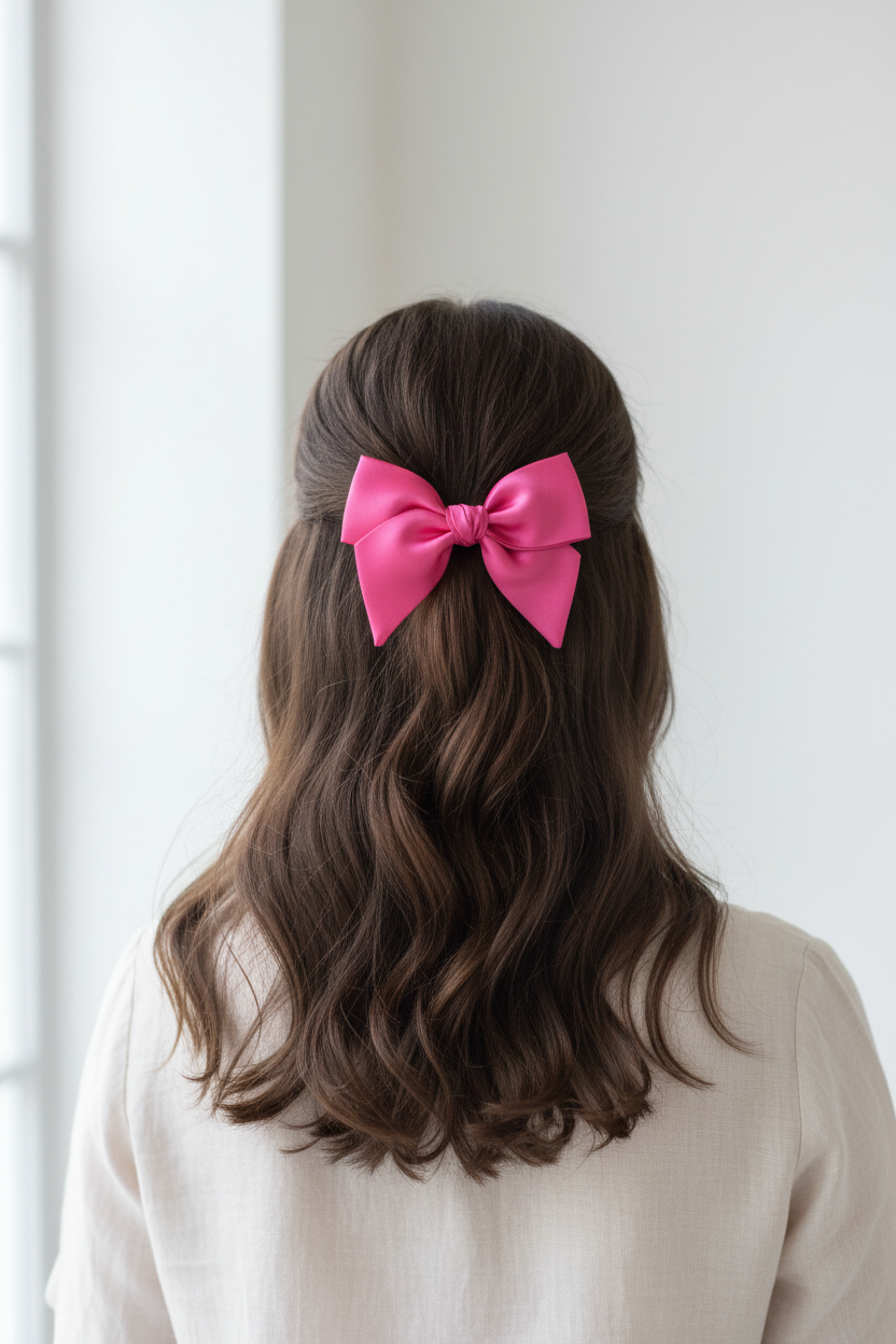 Hot Pink Satin Bow - Half Up Half Down Model Shot