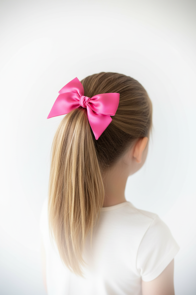 Hot Pink Satin Bow - Young Girl Ponytail