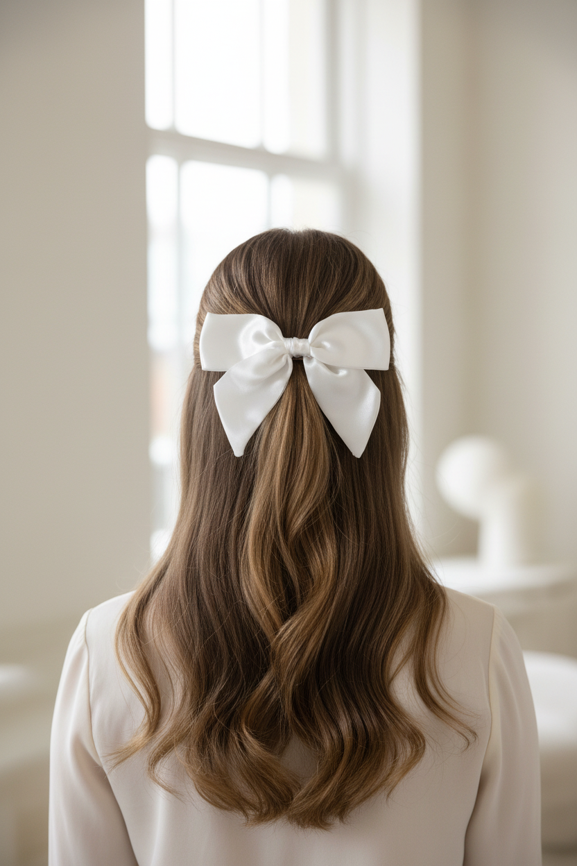 Young woman with half up half down hairstyle wearing a white satin hair bow with short tails