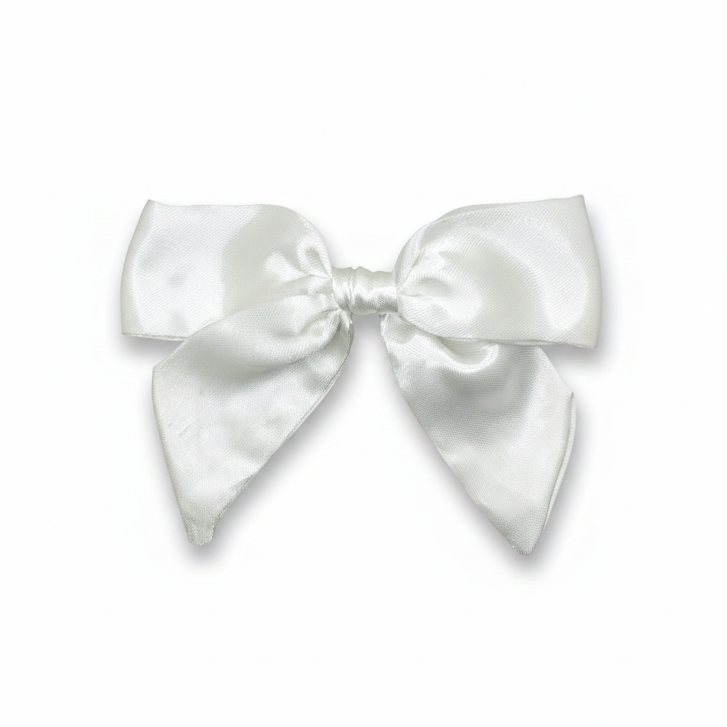 White satin hair bow on a stark white background with subtle shadow