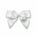White satin hair bow on a stark white background with subtle shadow