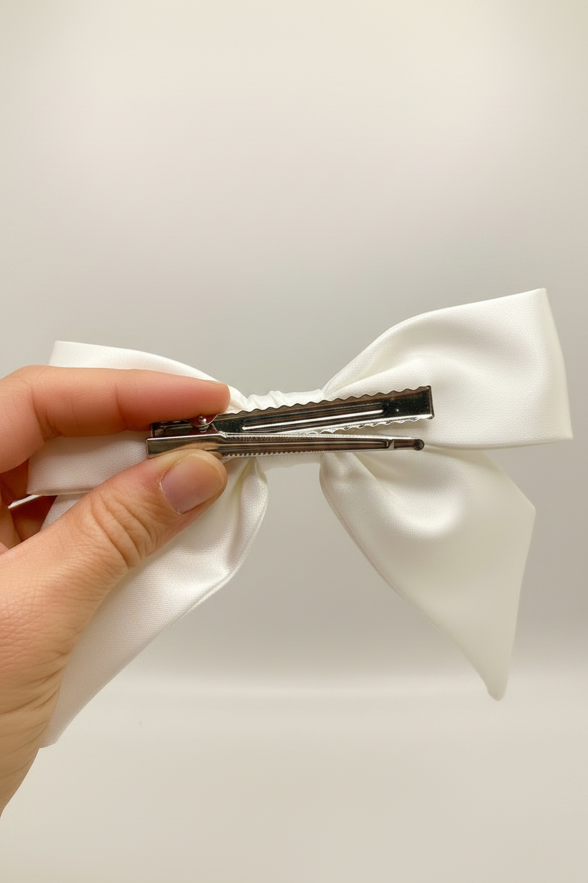 Hand holding white satin hair bow from behind with thumb pressing on the 2.77 inch silver alligator clip
