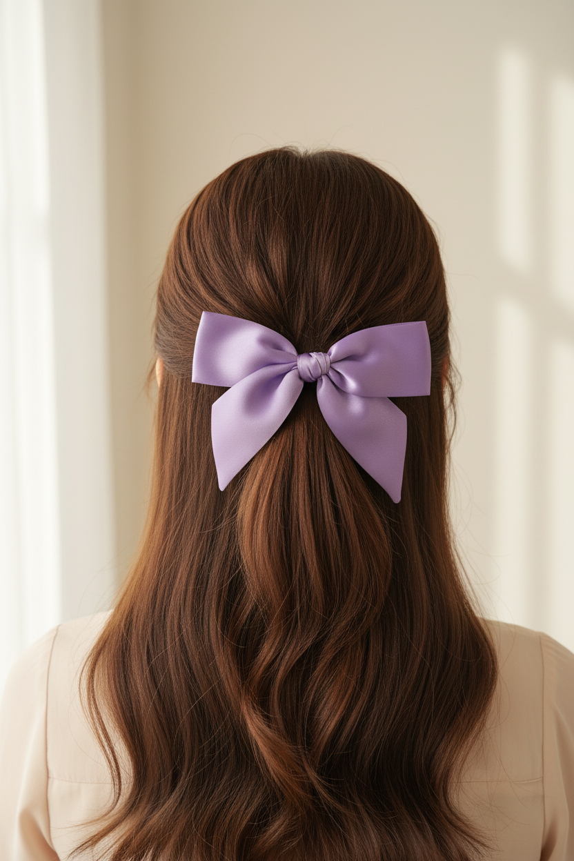Lavender Satin Bow - Back of Hair Lifestyle Shot