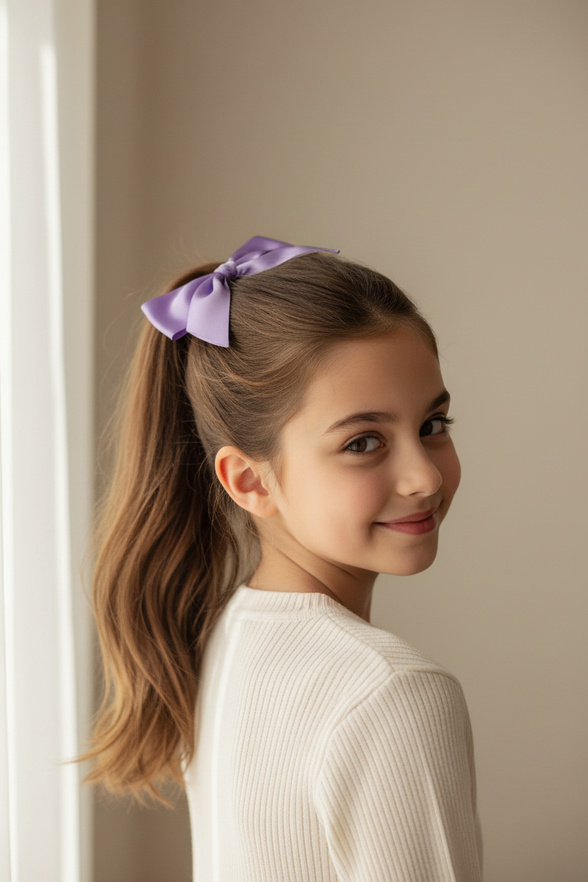 Lavender Satin Bow - Model Shot
