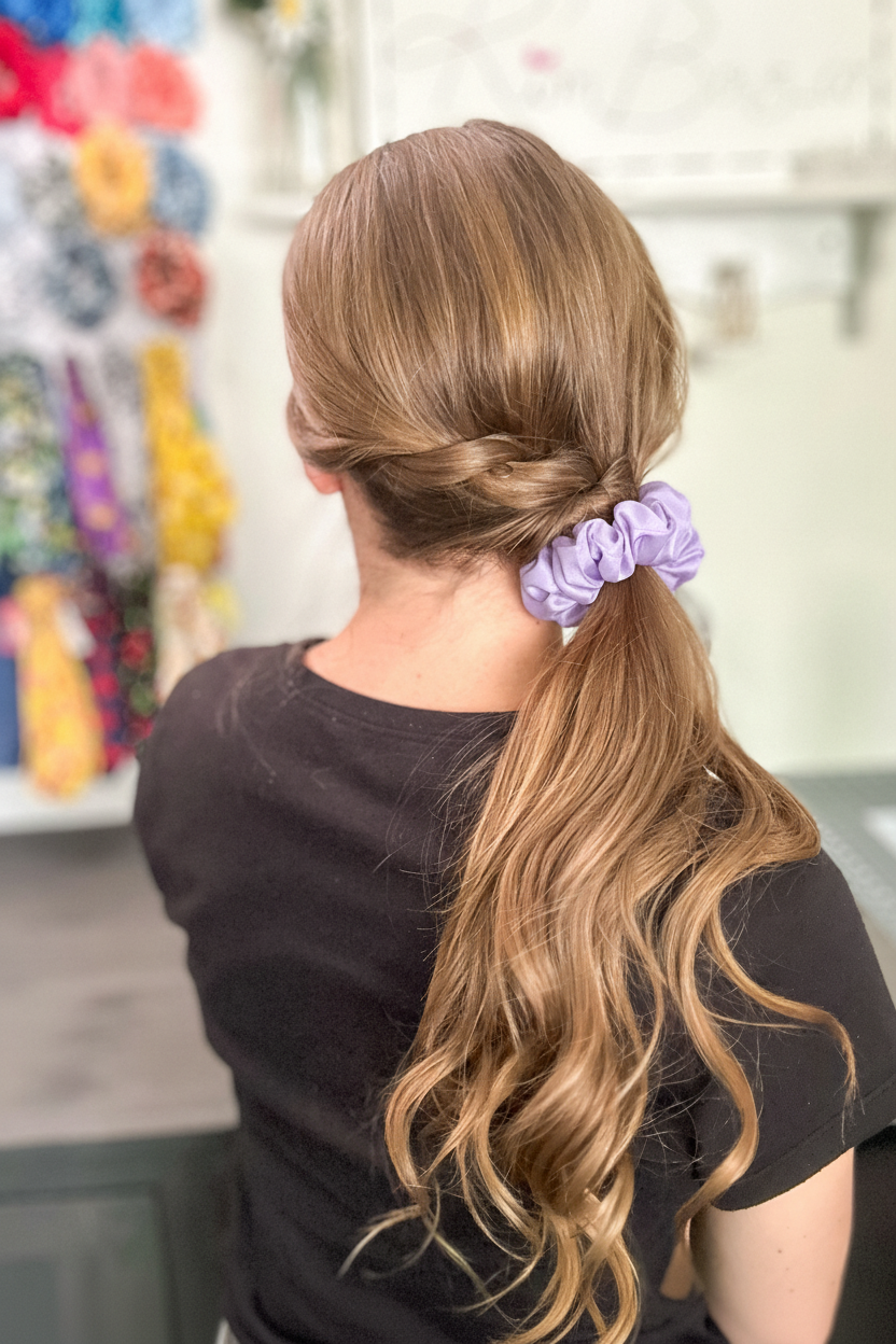 Lavender scrunchie in braided ponytail