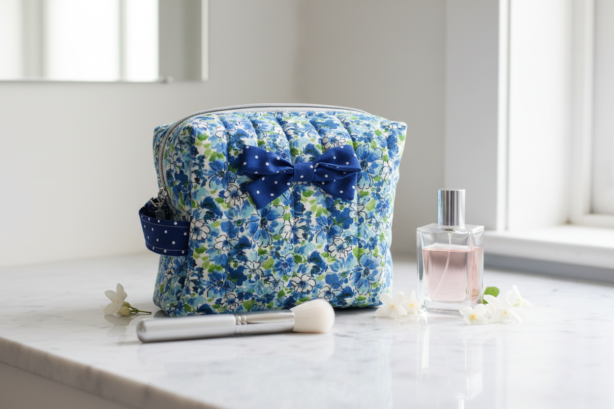 Lifestyle photo of blue floral makeup bag