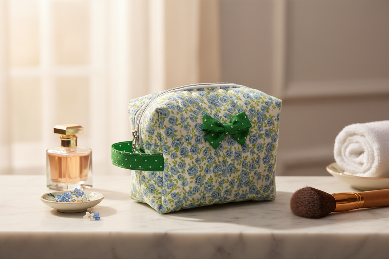 Lifestyle photo of floral makeup bag