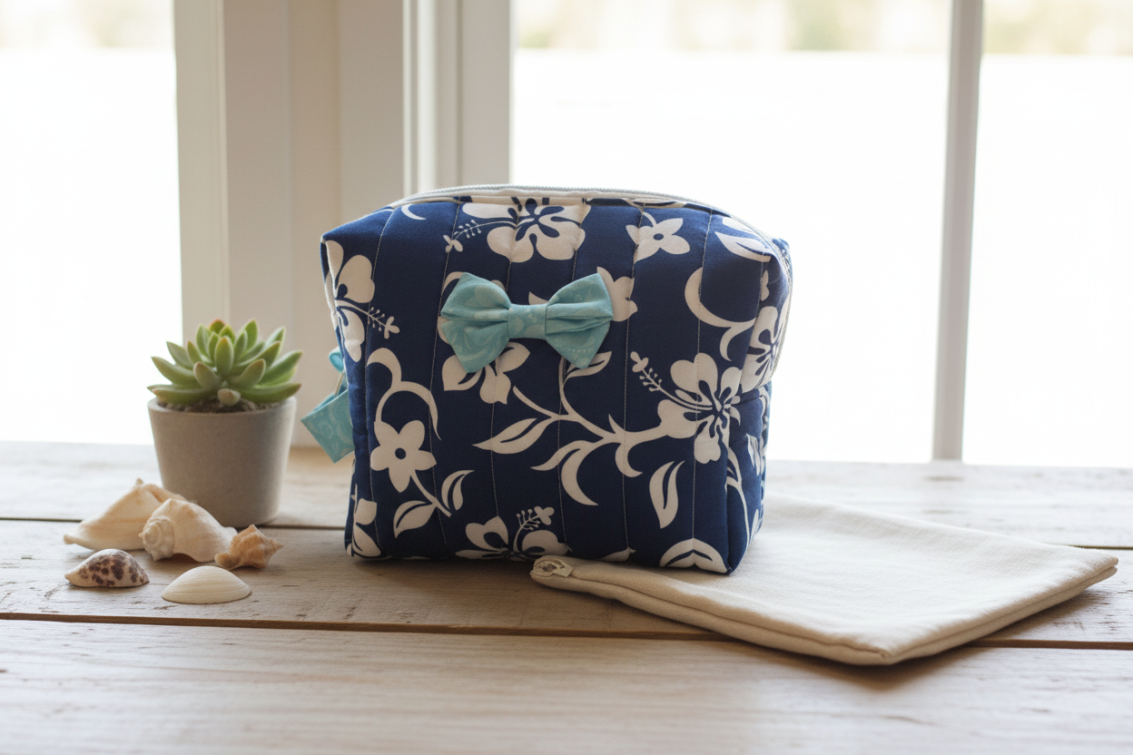 Lifestyle photo of navy hibiscus makeup bag