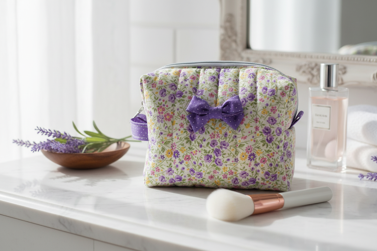 Lifestyle photo of purple floral makeup bag