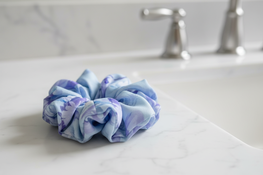 Light blue lavender floral scrunchie bathroom lifestyle
