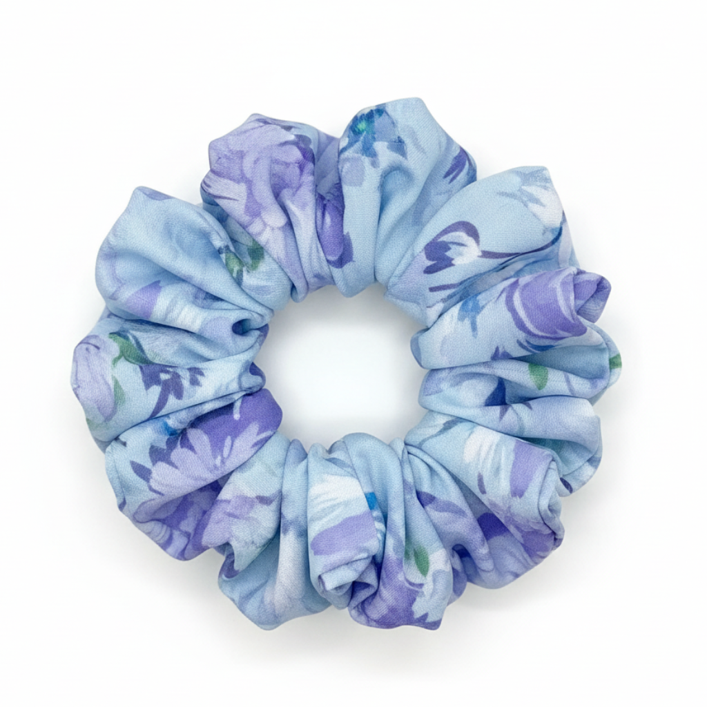 Light Blue Lavender Floral scrunchie on white background