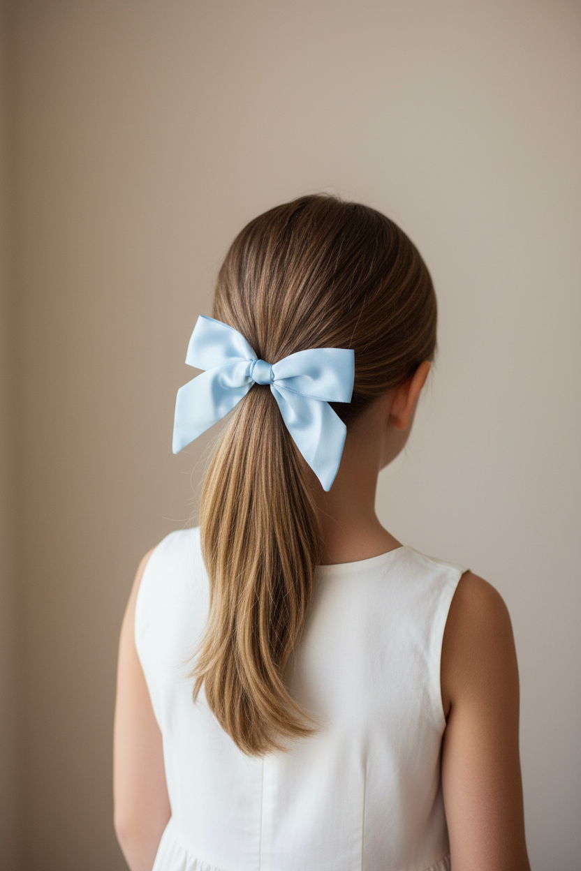 Light Blue Satin Bow - Back View Ponytail
