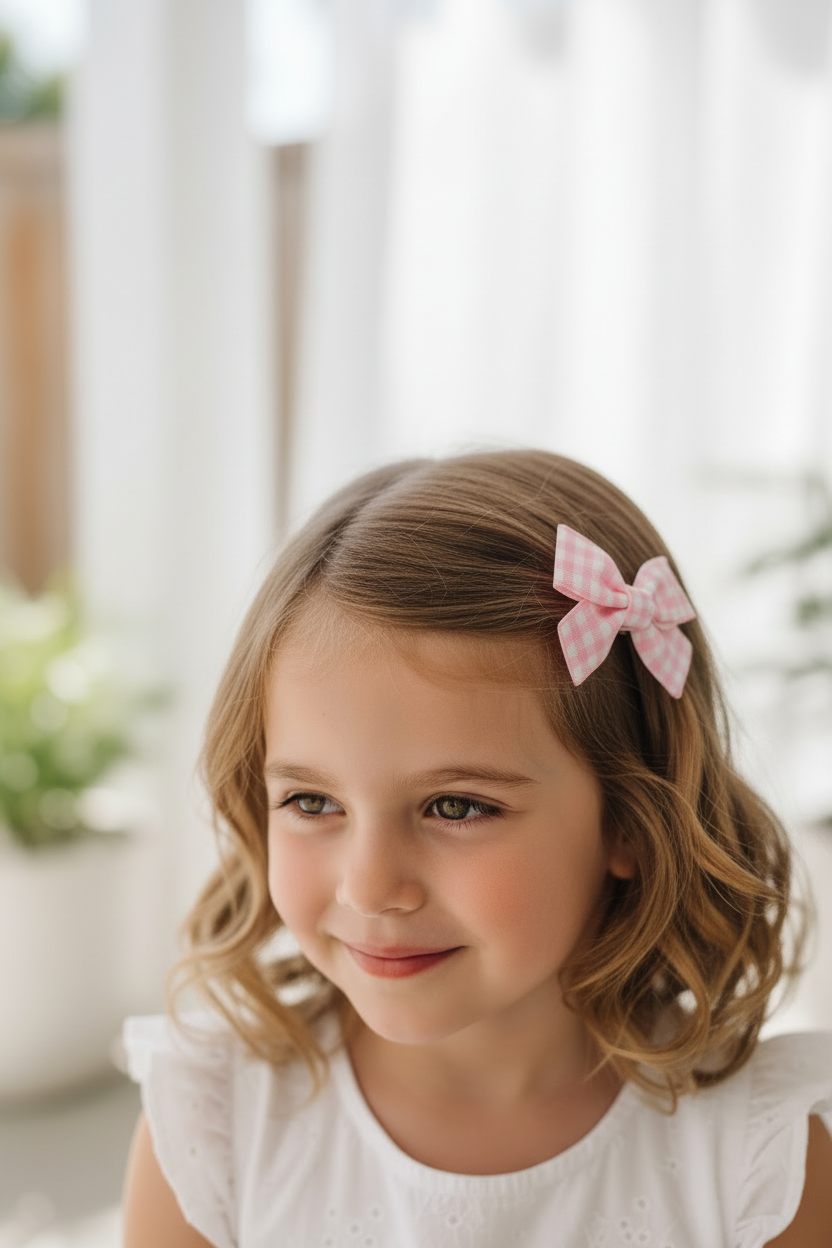 Pink Gingham Bow – Zoomed Model Shot