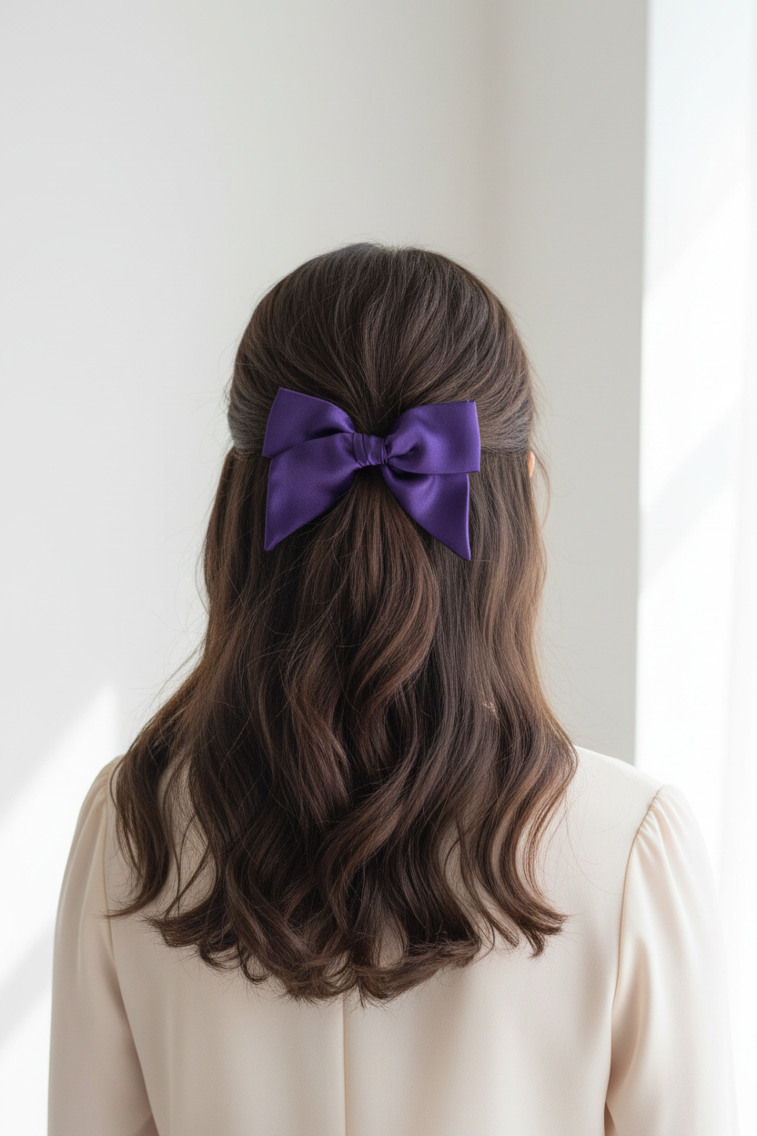 Purple Satin Bow - Half Up Half Down Model Shot with Short Tails