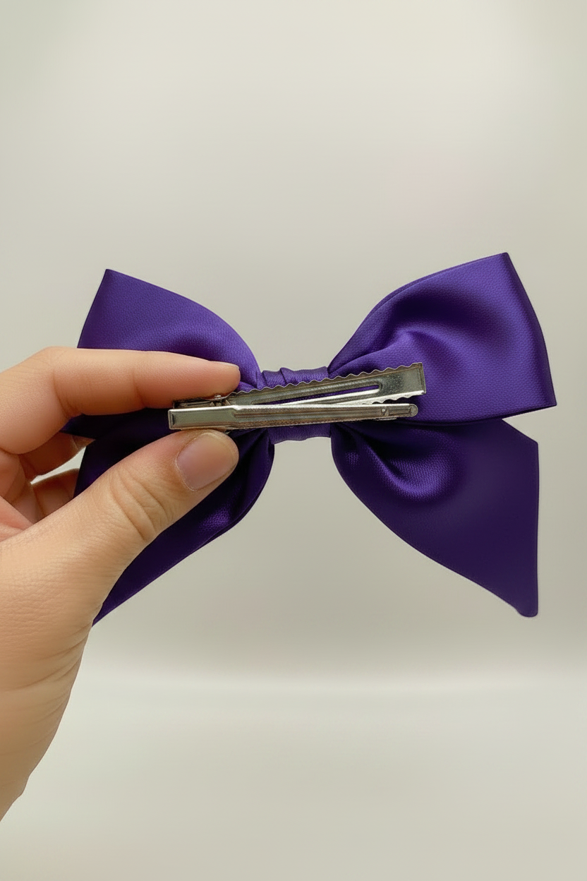 Purple Satin Bow - Hand with Alligator Clip