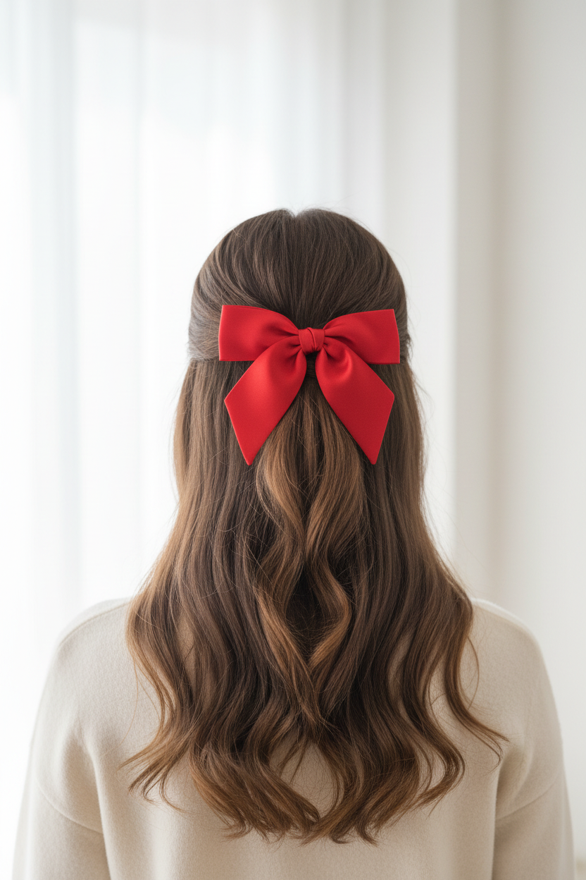 Red Satin Bow - Half Up Half Down Model Shot