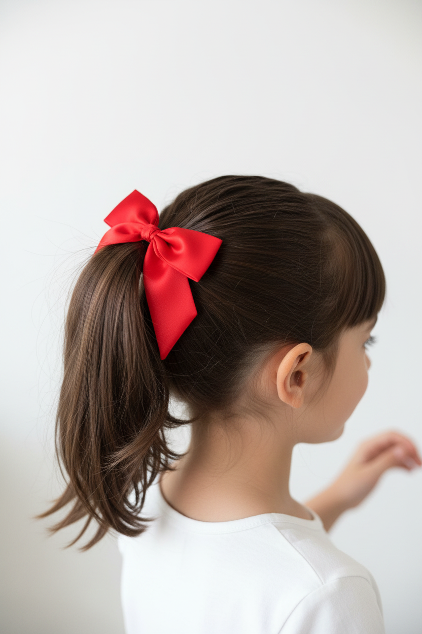 Red Satin Bow - Young Girl Ponytail