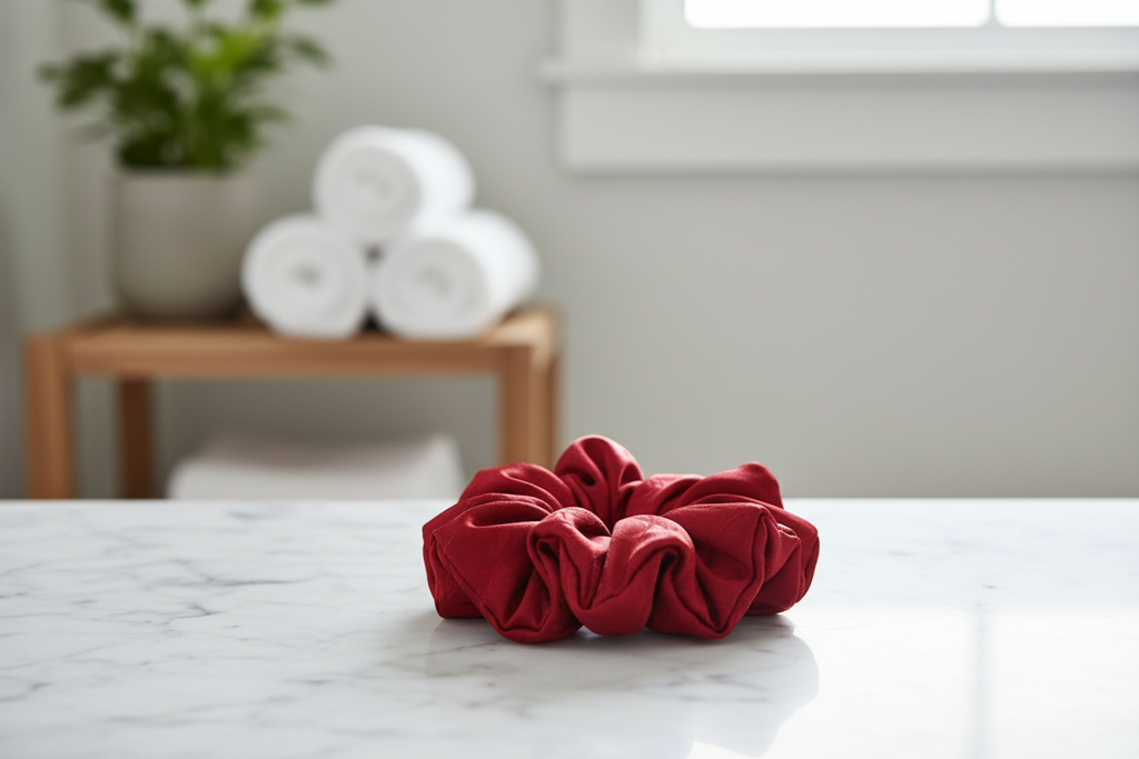 Red Silk Scrunchie Bathroom Lifestyle