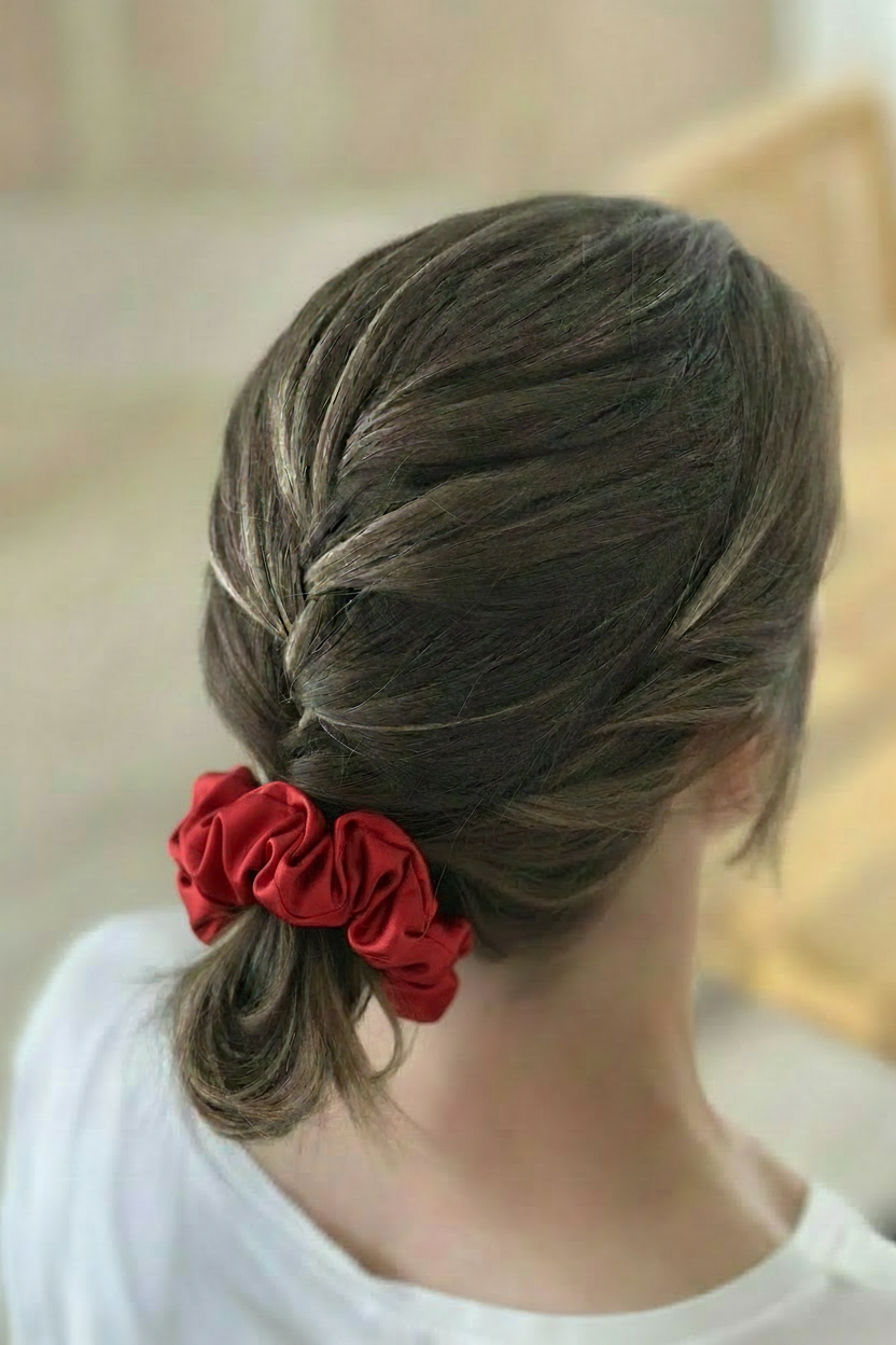 Red Textured Silk Scrunchie in Hair Updo