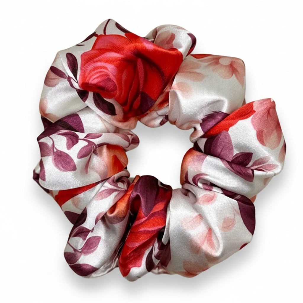 Rose Floral Silk Scrunchie - Clean White Background