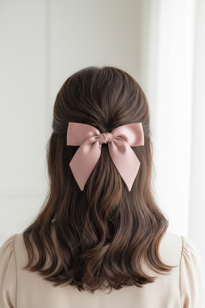 Rose Gold Satin Bow - Half Up Half Down Model Shot