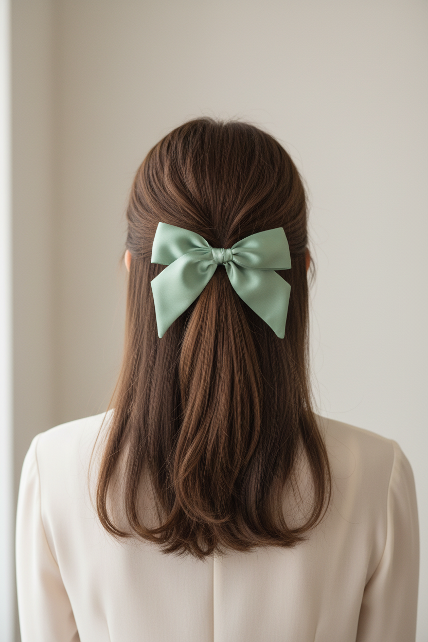 Sage Green Bow Half-Up Model Shot